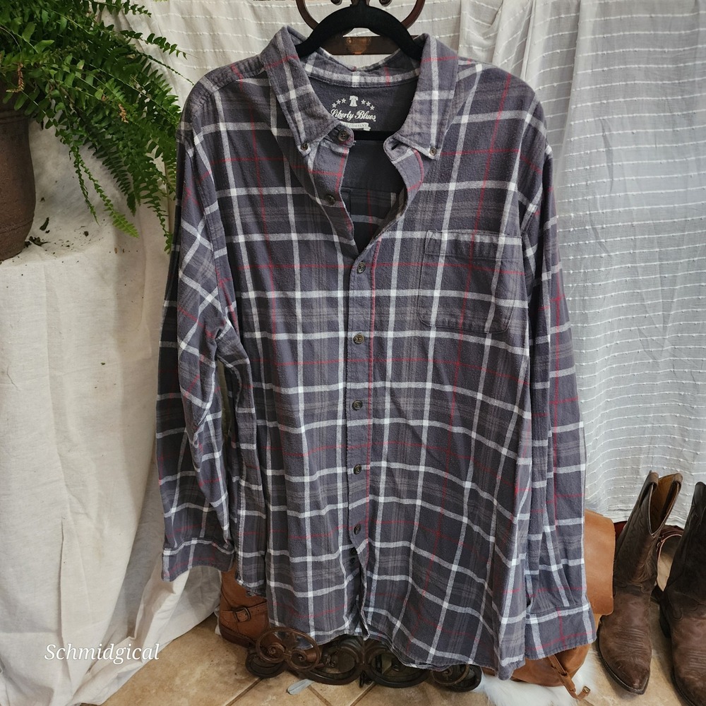 Liberty Blues Mens 2XL Tall Flannel Shirt Gray Red Plaid Cotton Button Down
